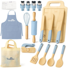 Dreamon 29pcs wooden kids cooking set bundle features real tools for creative play and learning.