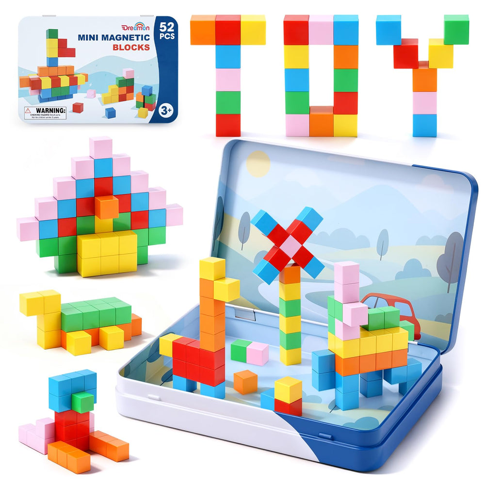 Dreamon 52-pcs magnetic blocks in a metal tin storage for mess-free travel play.