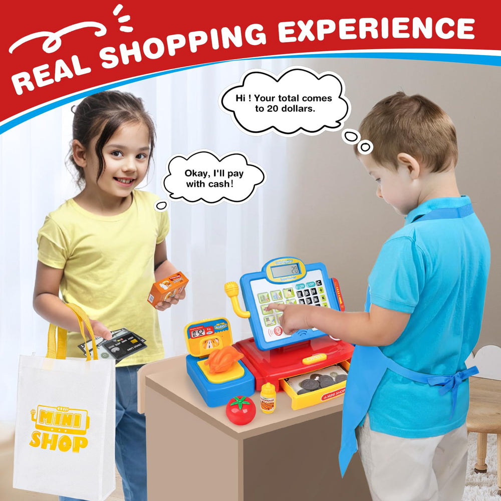 Dreamon cash register including food boxes and bottles for grocery play
