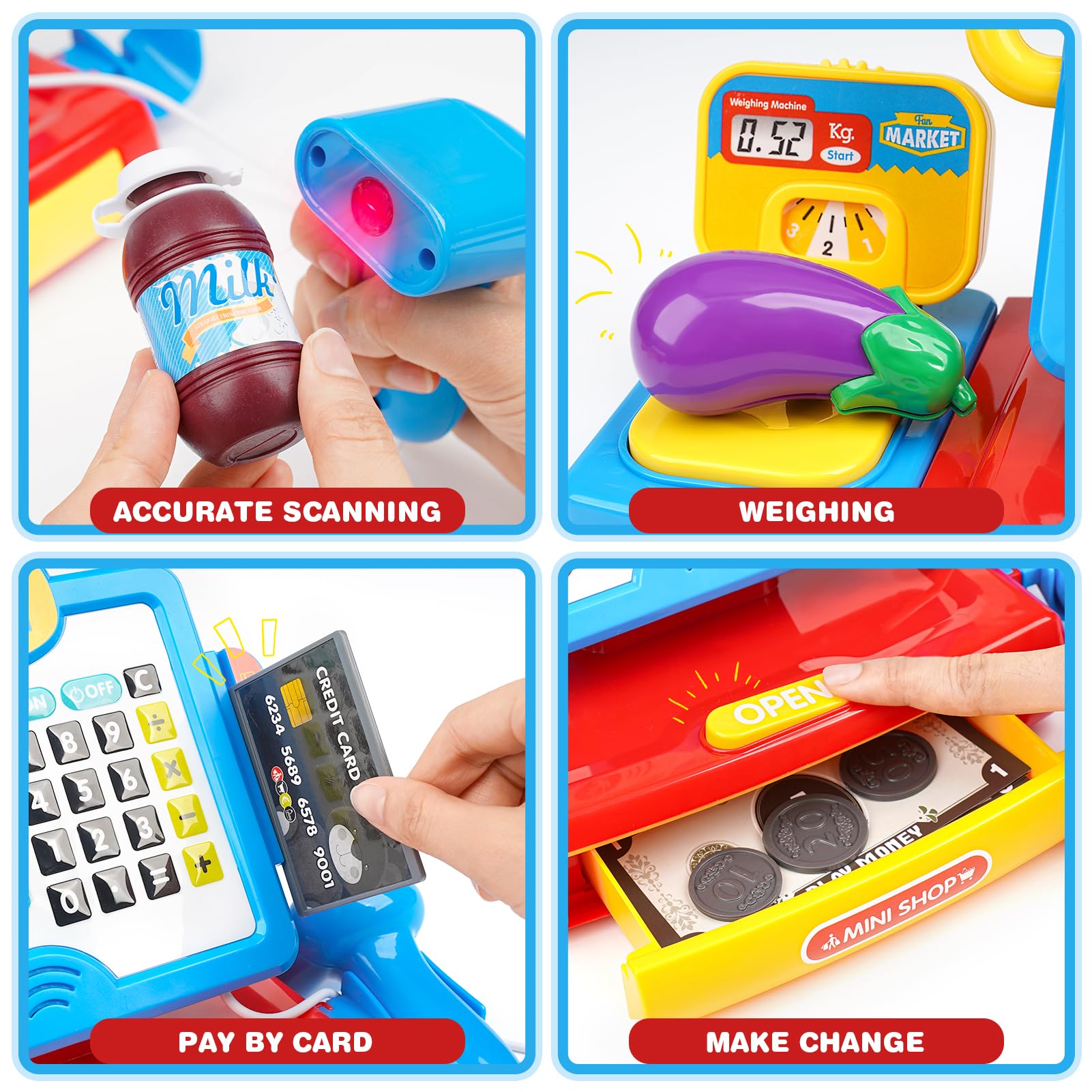 Dreamon cash register with scanner for interactive pretend checkout