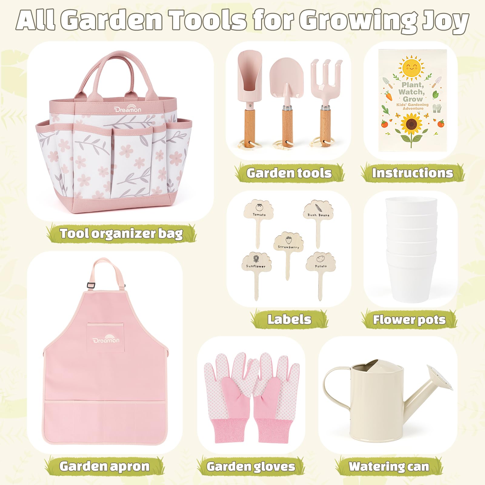 Dreamon kid-sized gardening gloves protect hands during soil adventures.