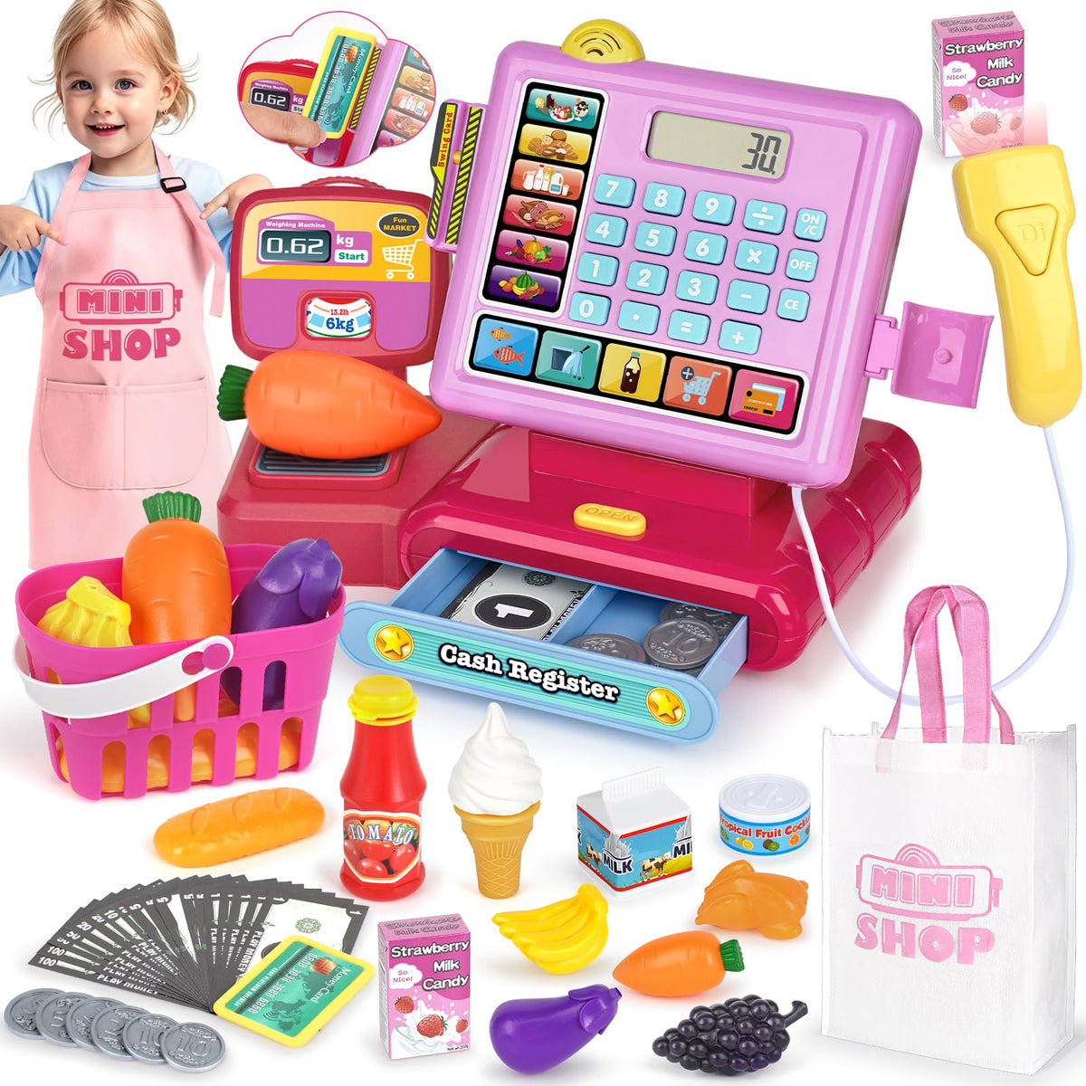 Dreamon Kids Cash Register Toy with calculator and pretend money for early math play.