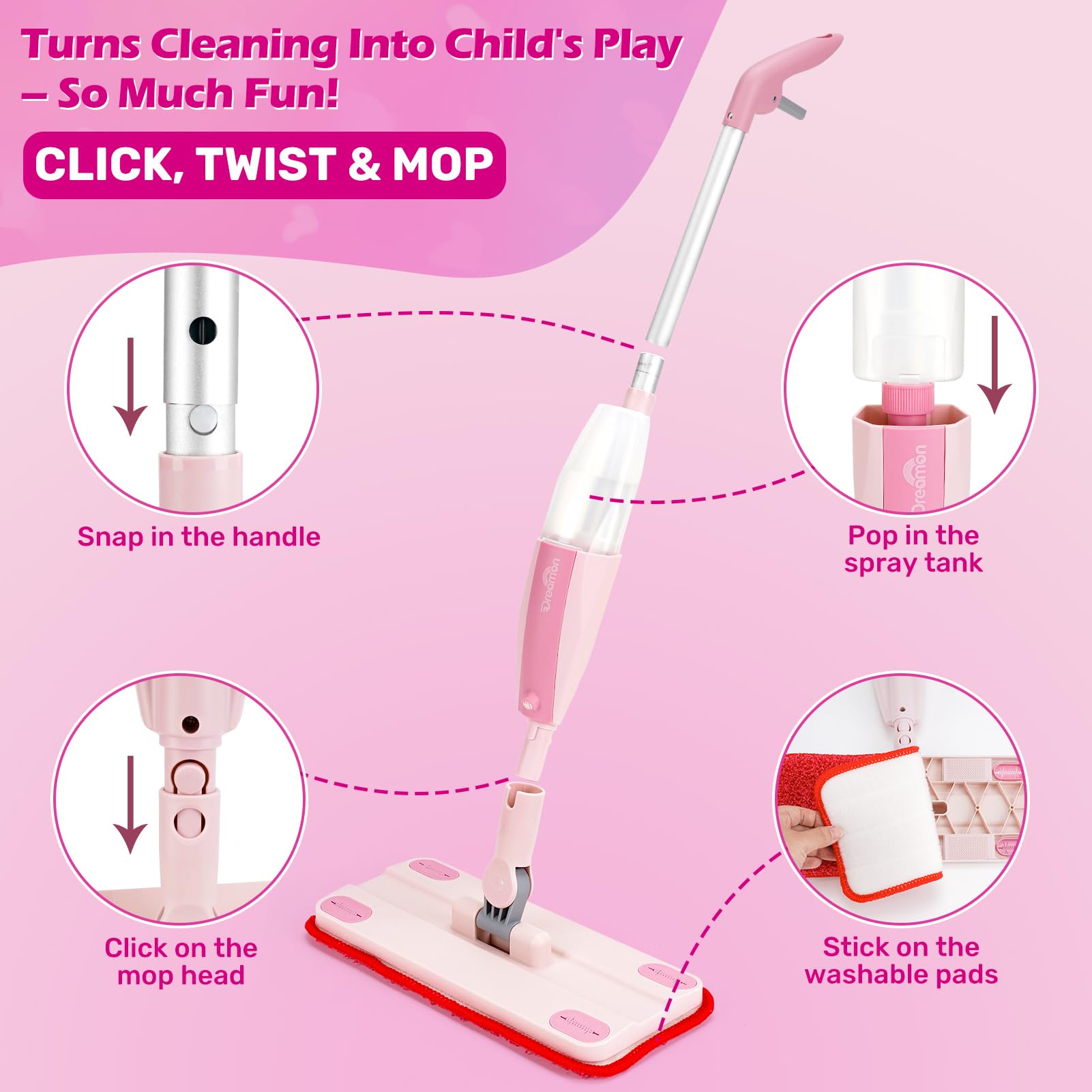 Dreamon Kids Spray Mop pads shown ready for machine washing after play