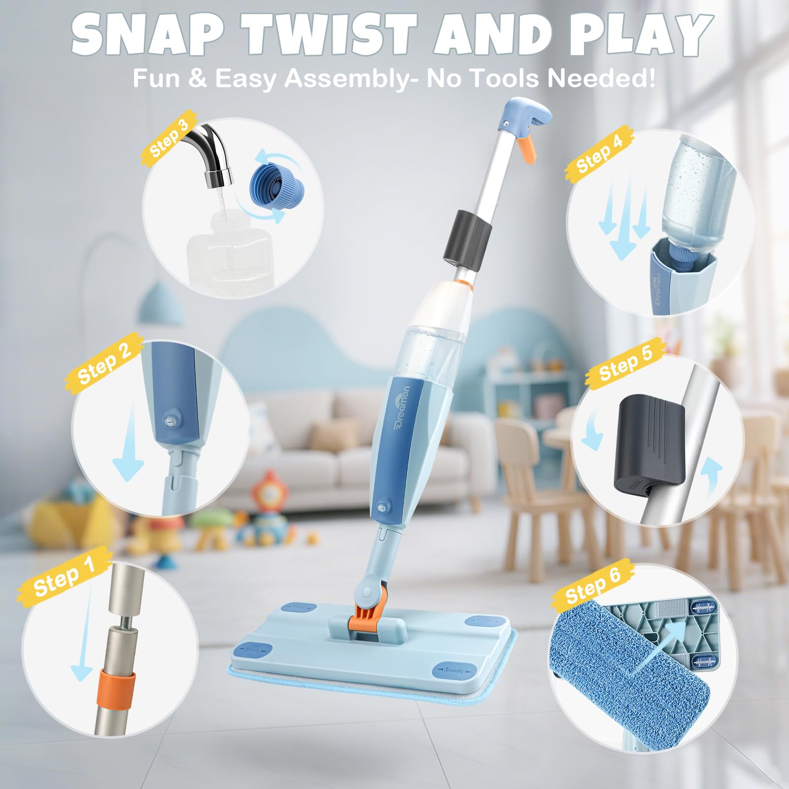 Dreamon spray mop shown on windows and floors for versatile pretend cleaning.