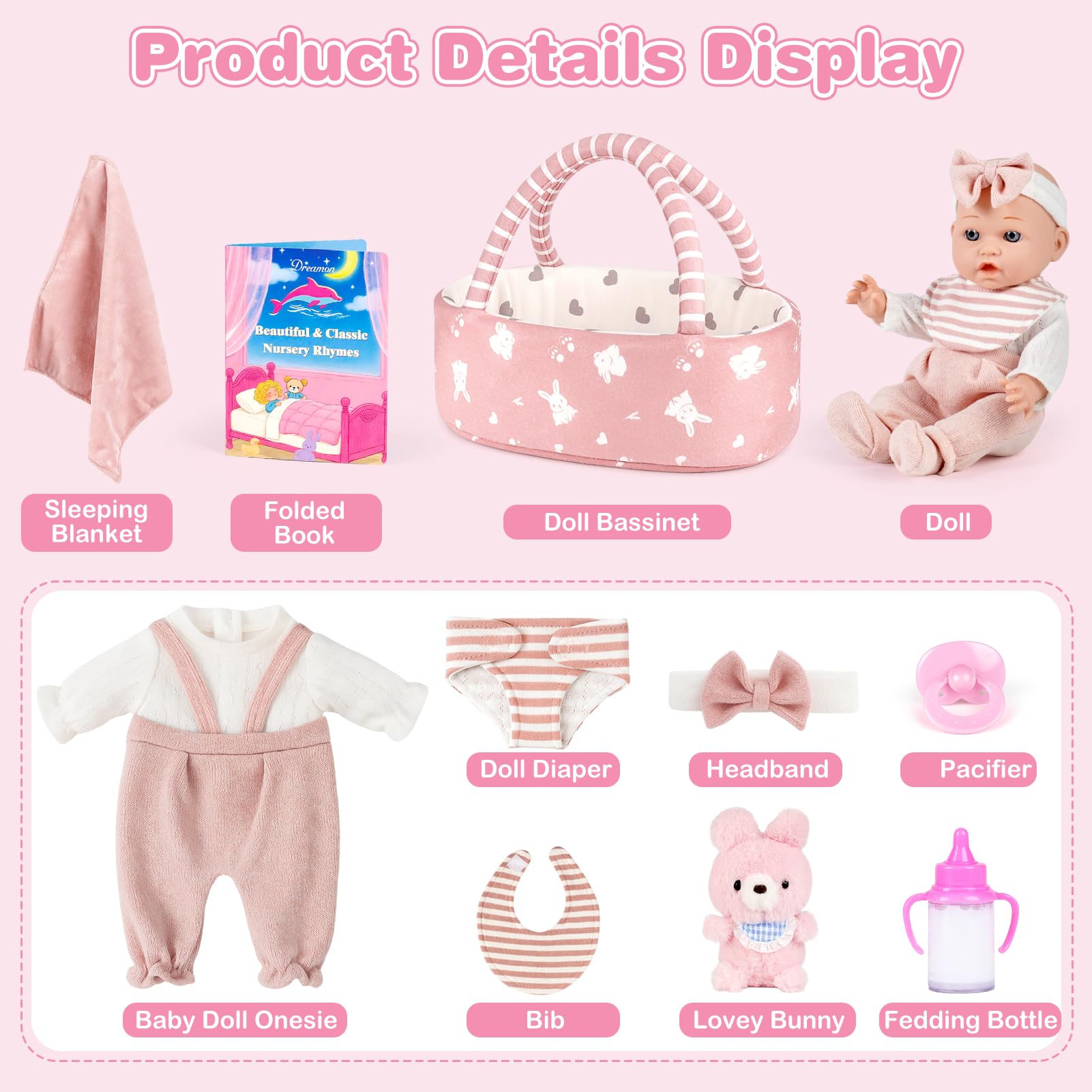 Dreamon pink bunny bassinet with soft fabric for cozy doll naps