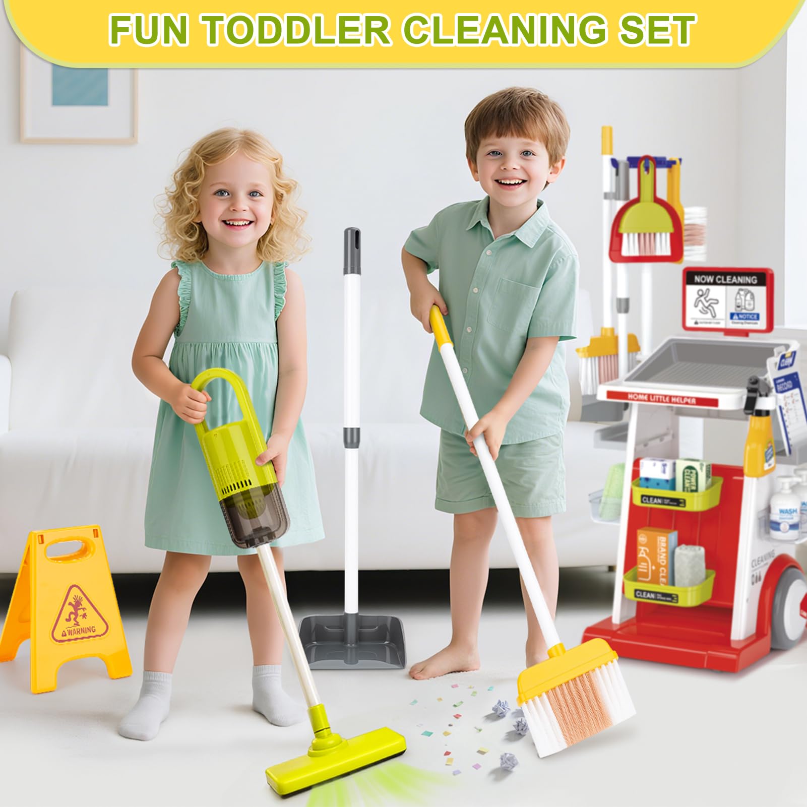 Dreamon Toddler Cleaning Set smooth-pulley wheels enable easy movement during pretend chores.