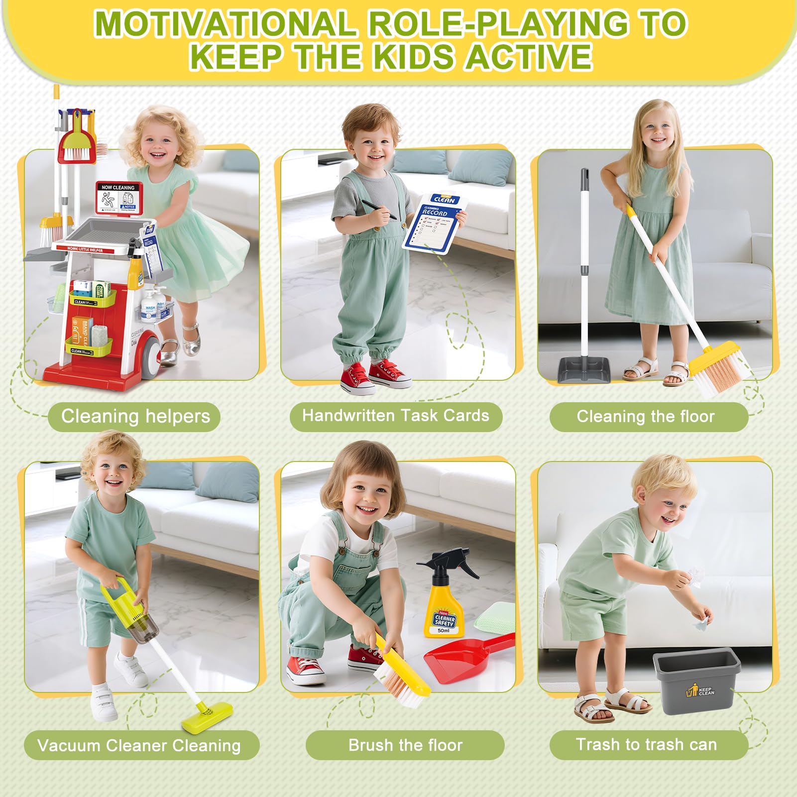 Dreamon Toddler Cleaning Set storage shelves help organize tools and build responsibility.