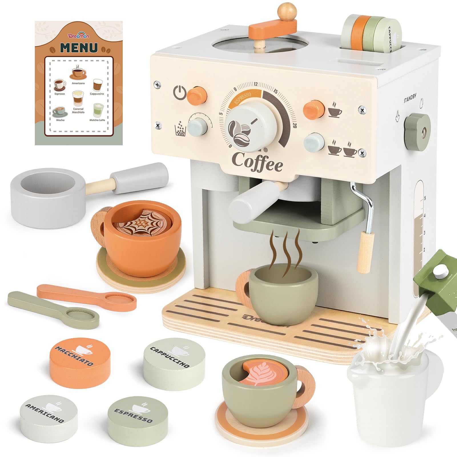 Dreamon toy coffee maker: kid-friendly pretend cafe play with a sturdy wooden design.