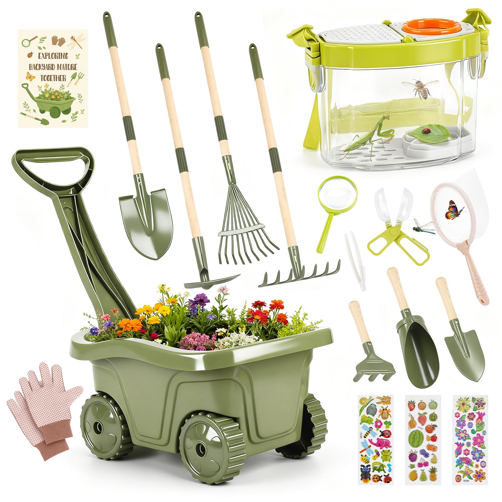 Dreamon wheelbarrow with tools for safe, active outdoor play.