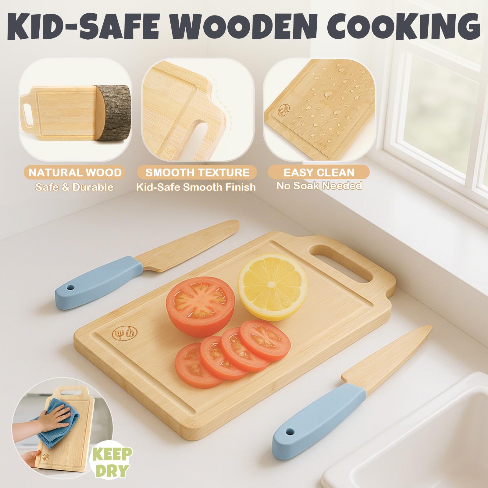 Dreamon wooden chopper tool stimulates fine motor skills during play.