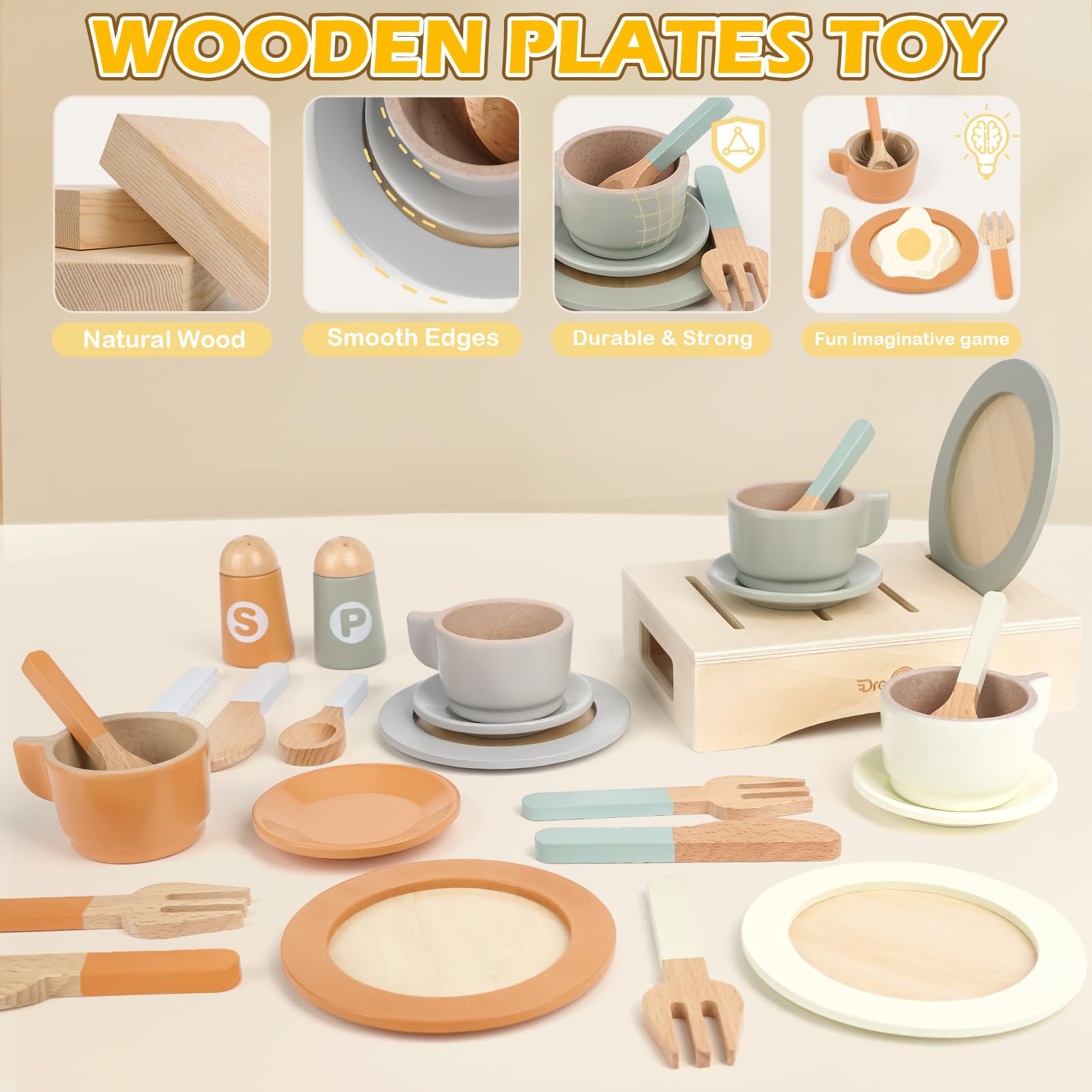 Dreamon 27-piece wooden plates, cups, and cutlery ready for imaginative meals