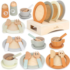 Dreamon wooden play dishes with a kitchen stand for organized pretend dining