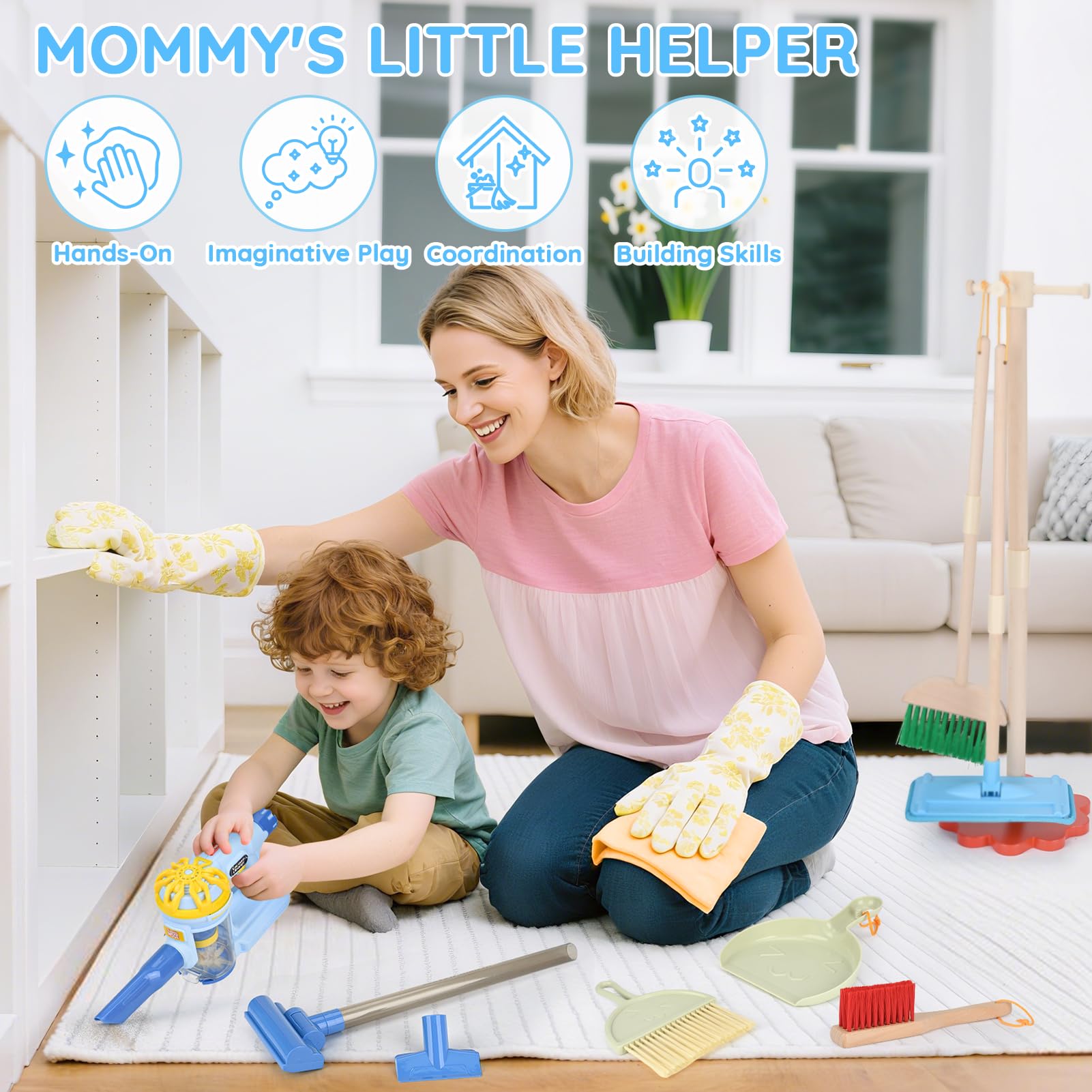 Dreamon wooden toddler cleaning set duster emphasizes hands-on pretend chores