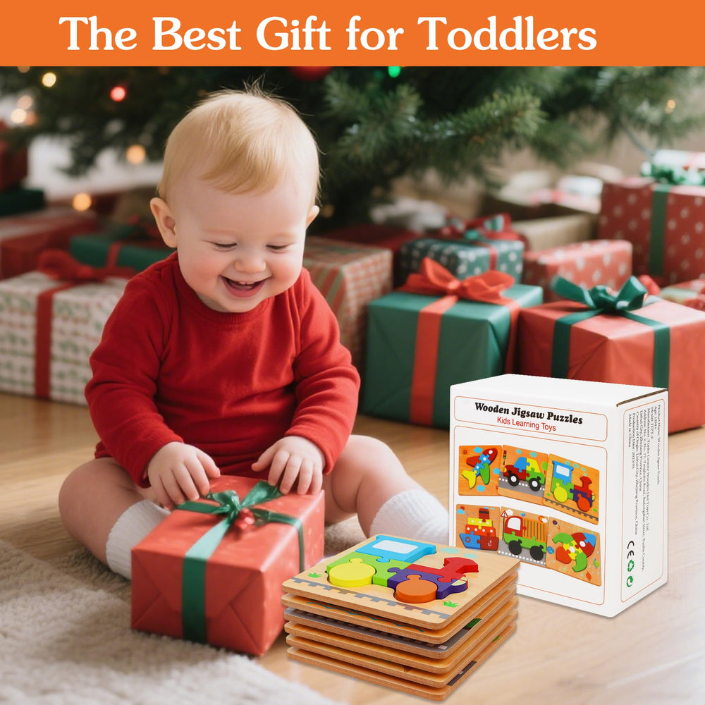 Dreampark wooden vehicle puzzle collection showcases safe, chunky pieces for toddlers