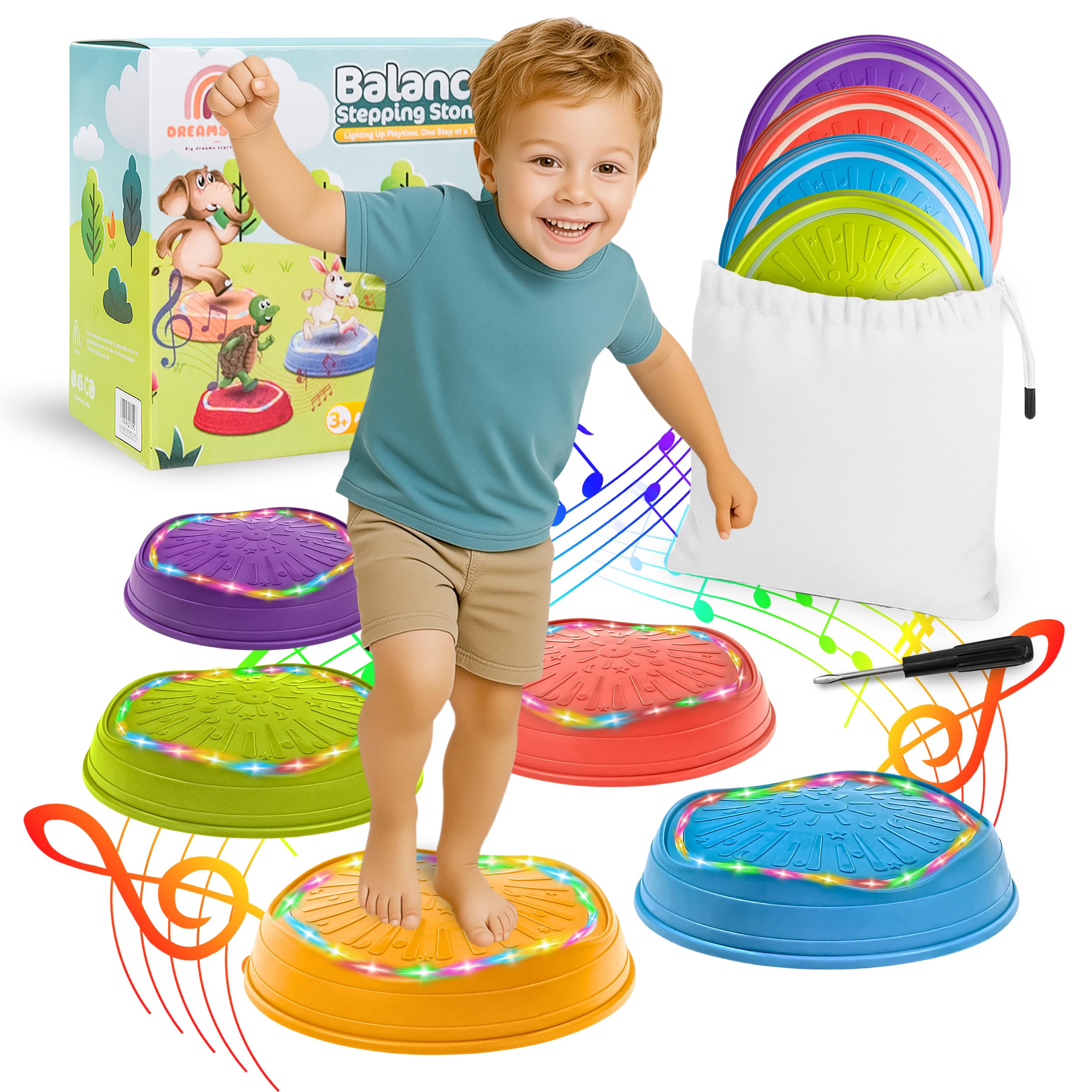 Dreamscape Kids glow-dark stepping stones arranged for a bright sensory path