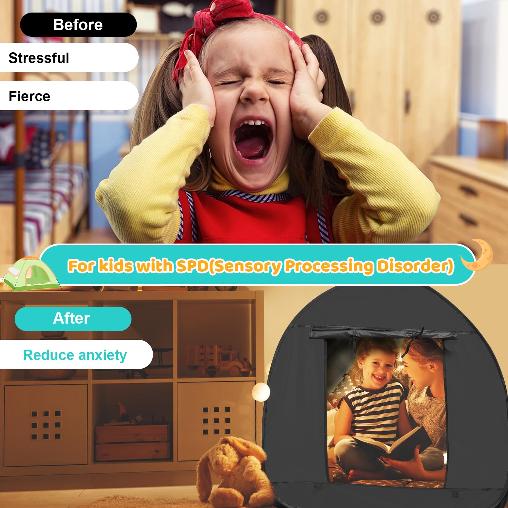 Dreamtrue sensory tent with UV lights showcases colorful light play in a darkened space.