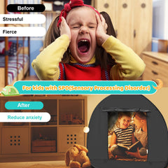 Dreamtrue sensory tent with UV lights showcases colorful light play in a darkened space.