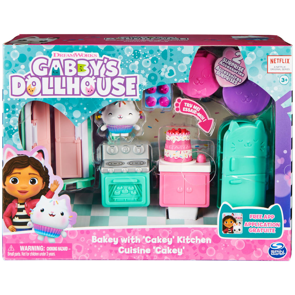 Gabby’s Dollhouse Bakey with Cakey Kitchen oven and fridge open for pretend baking and storage