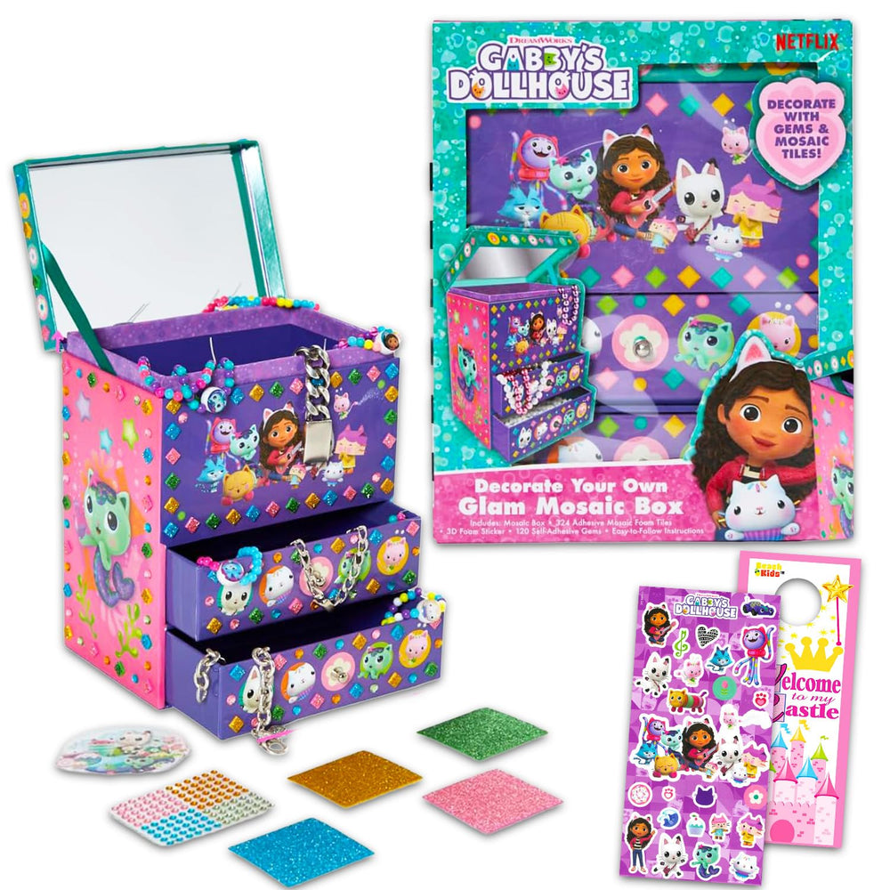 DreamWorks Gabby’s Dollhouse jewelry box with mosaic tiles keeps small treasures organized.