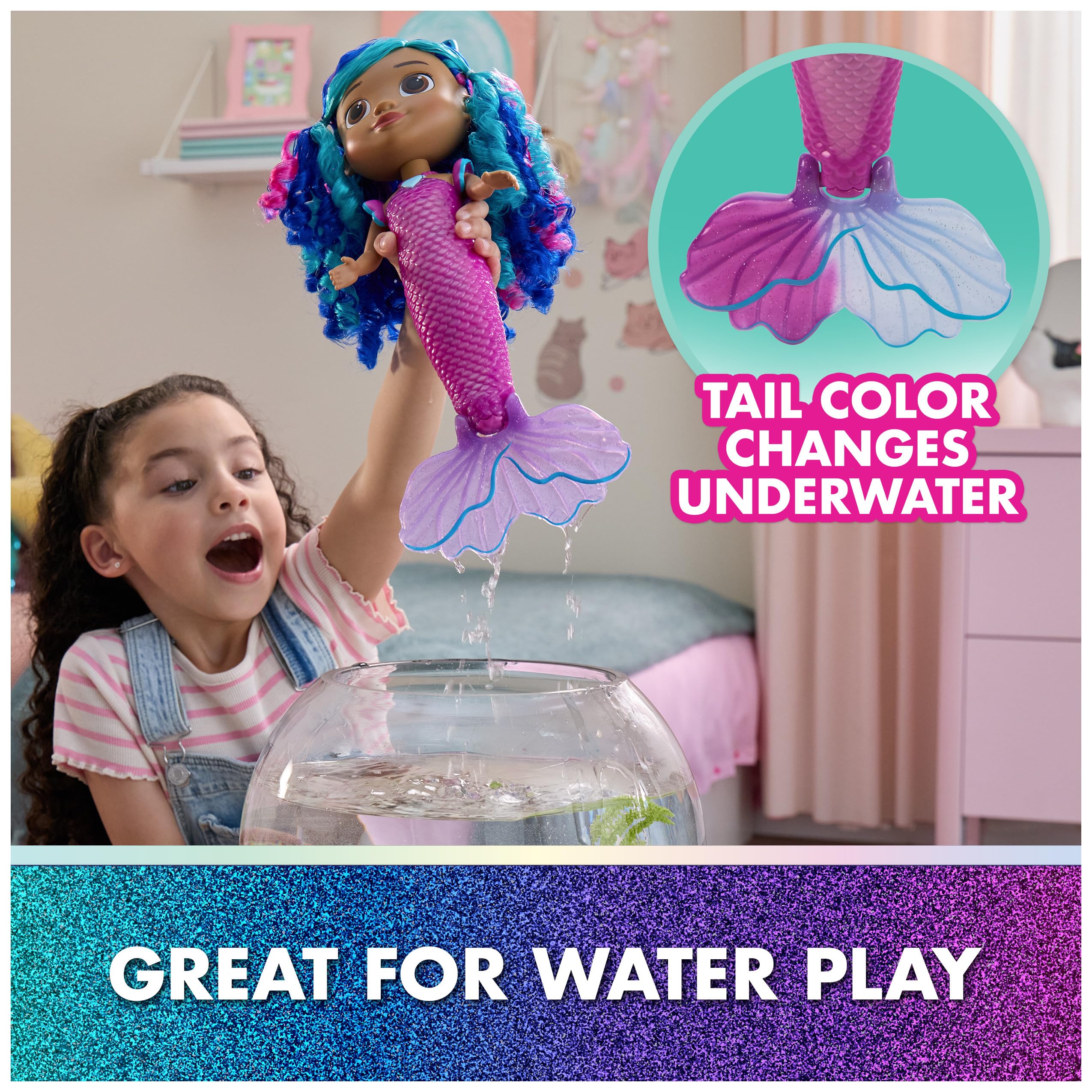 DreamWorks Gabby's Dollhouse mermaid features wavy hair for styling and dress-up.