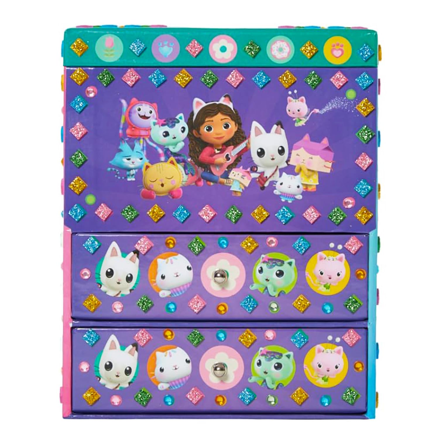 DreamWorks Gabby’s Dollhouse storage box with two drawers keeps supplies neatly sorted.