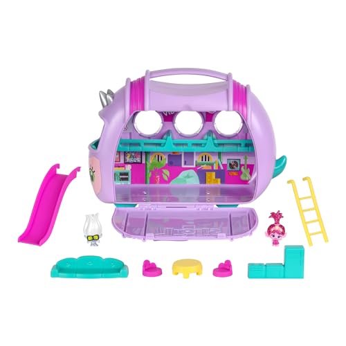 Side view of Rhonda case showing built-in furniture and kitchen area for Trolls play