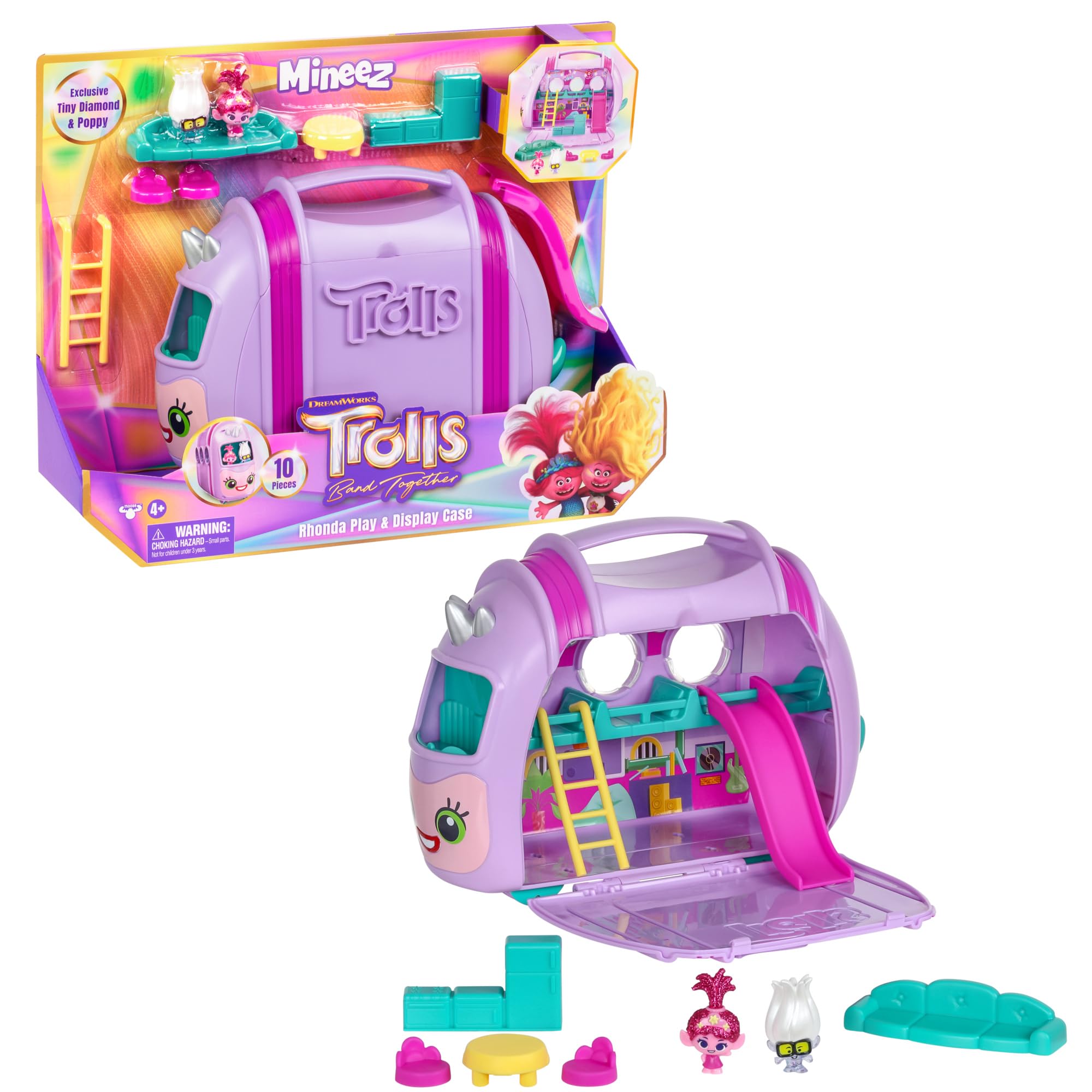 DreamWorks Trolls Rhonda Play & Display Case opens to reveal a portable home for Mineez figures