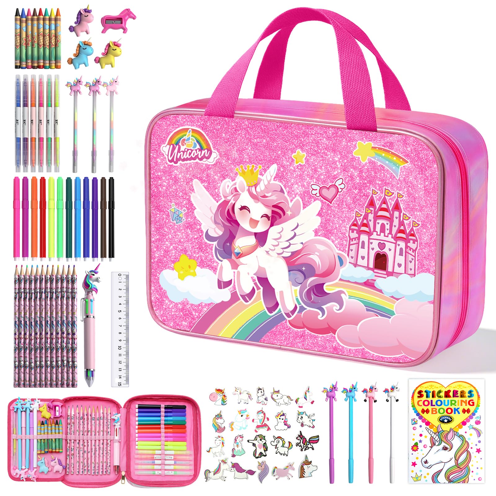 DreamyCandy 73pcs unicorn markers set in glitter case for imaginative coloring.