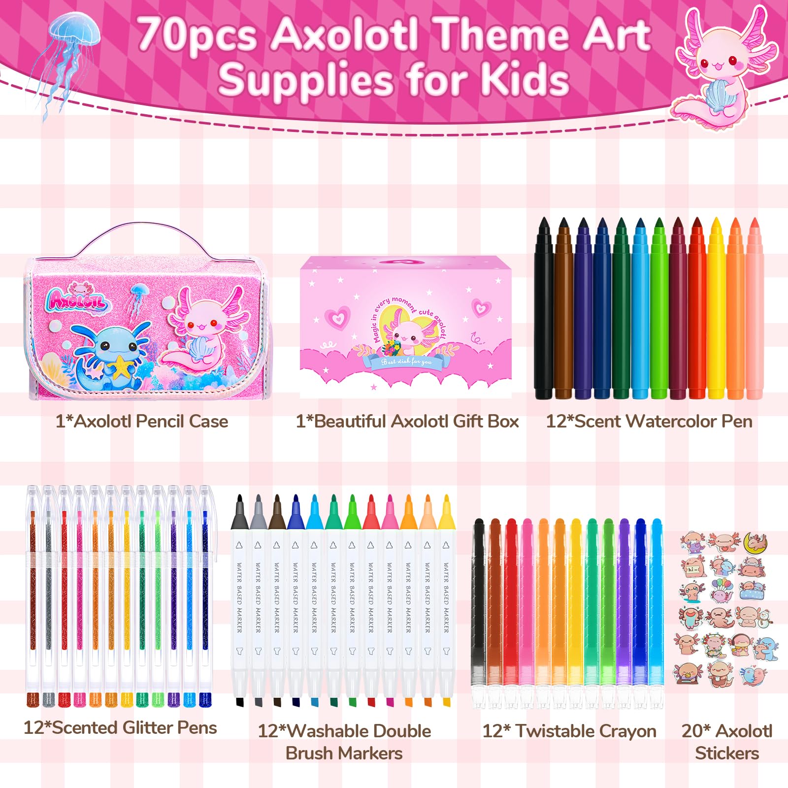 DreamyCandy axolotl gift box adds a delightful unboxing moment for young artists.