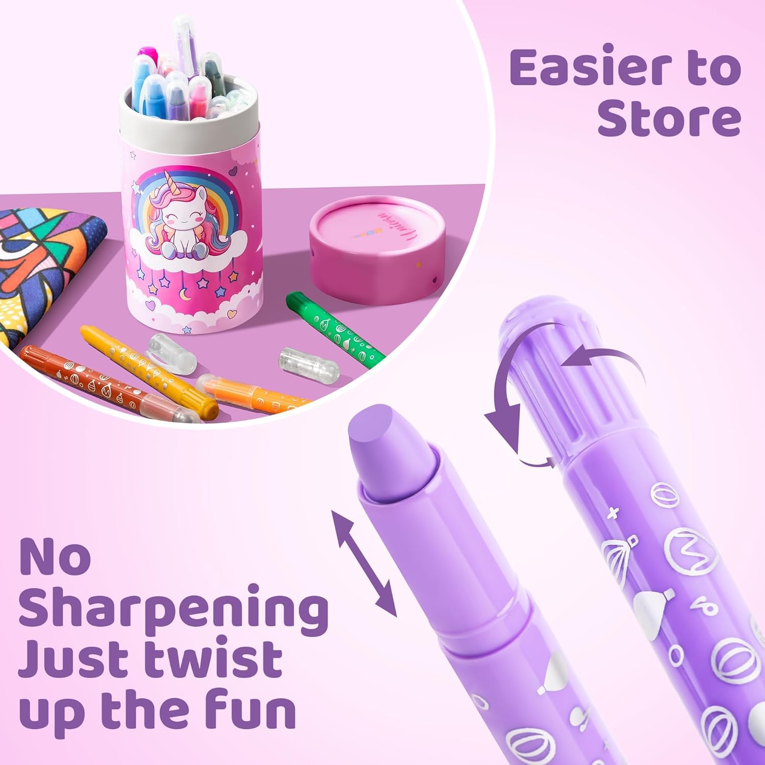 DreamyCandy unicorn pencil holder close-up keeps crayons organized for kids.