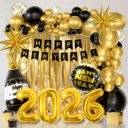 Dreelcny 2026 gold and black balloons ready for a glamorous New Year party.