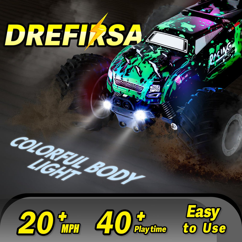 Drefirsa RC monster truck with color-changing body lights
