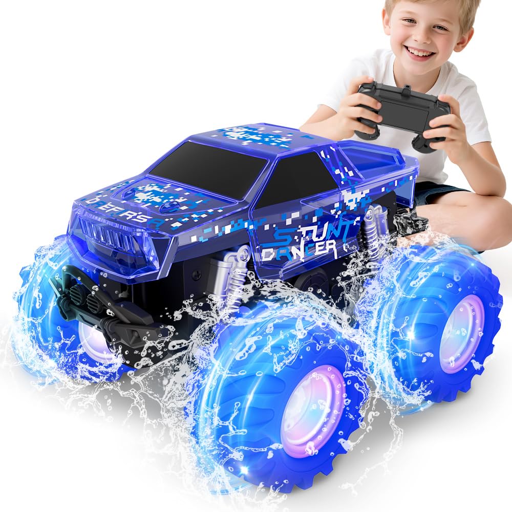 Drefirsa Blue Monster Truck with LED lights for nighttime action and stunts.