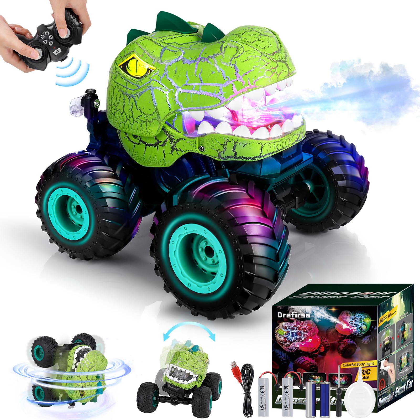 Drefirsa dinosaur monster truck green front view for outdoor play