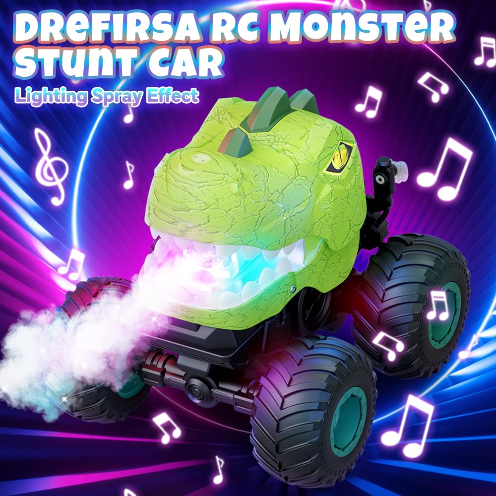 Drefirsa dinosaur RC with LED lights and mist spray for night-time fun.
