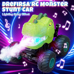 Drefirsa dinosaur RC with LED lights and mist spray for night-time fun.