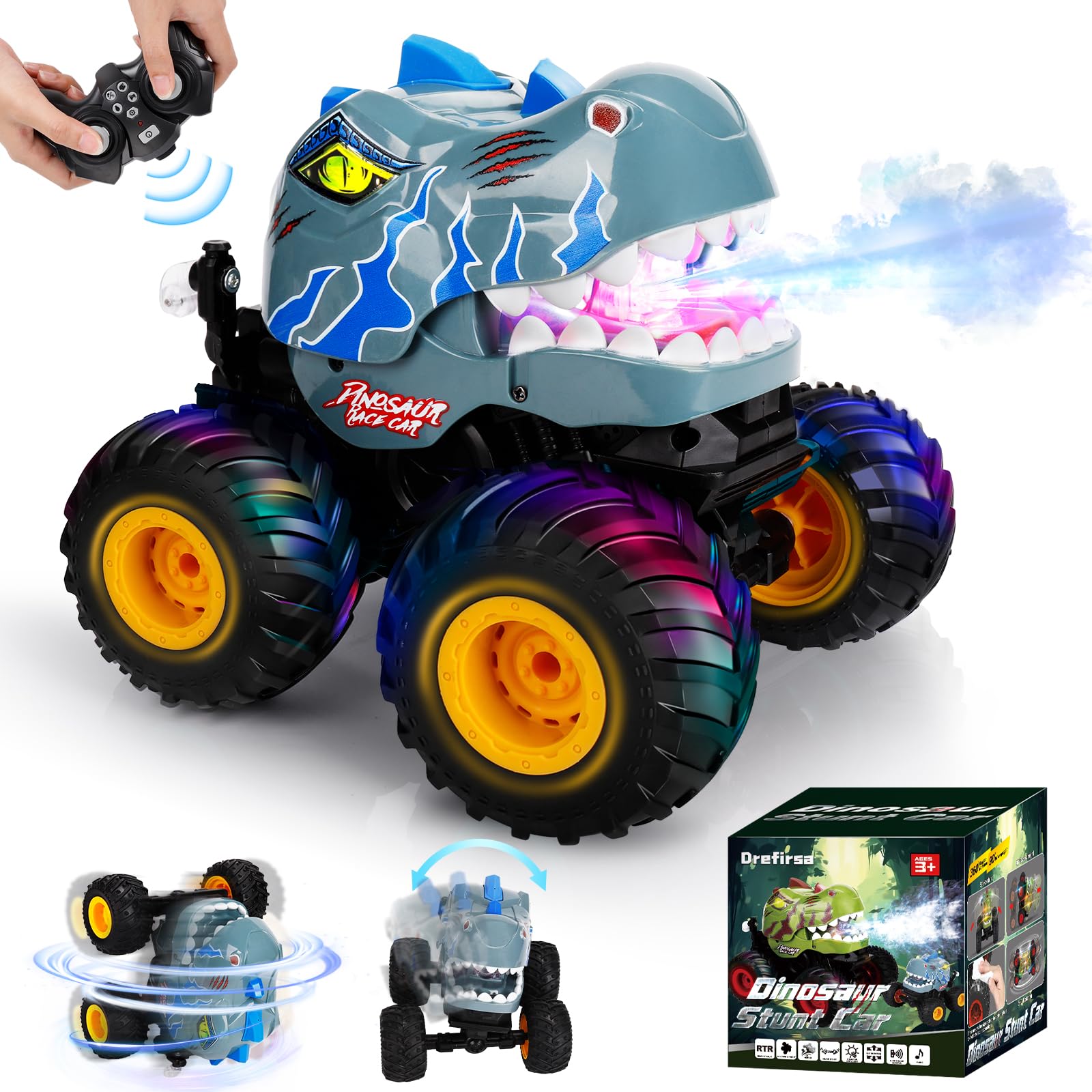 Drefirsa dinosaur RC stunt car performing 360 degree rotation for thrilling indoor play.