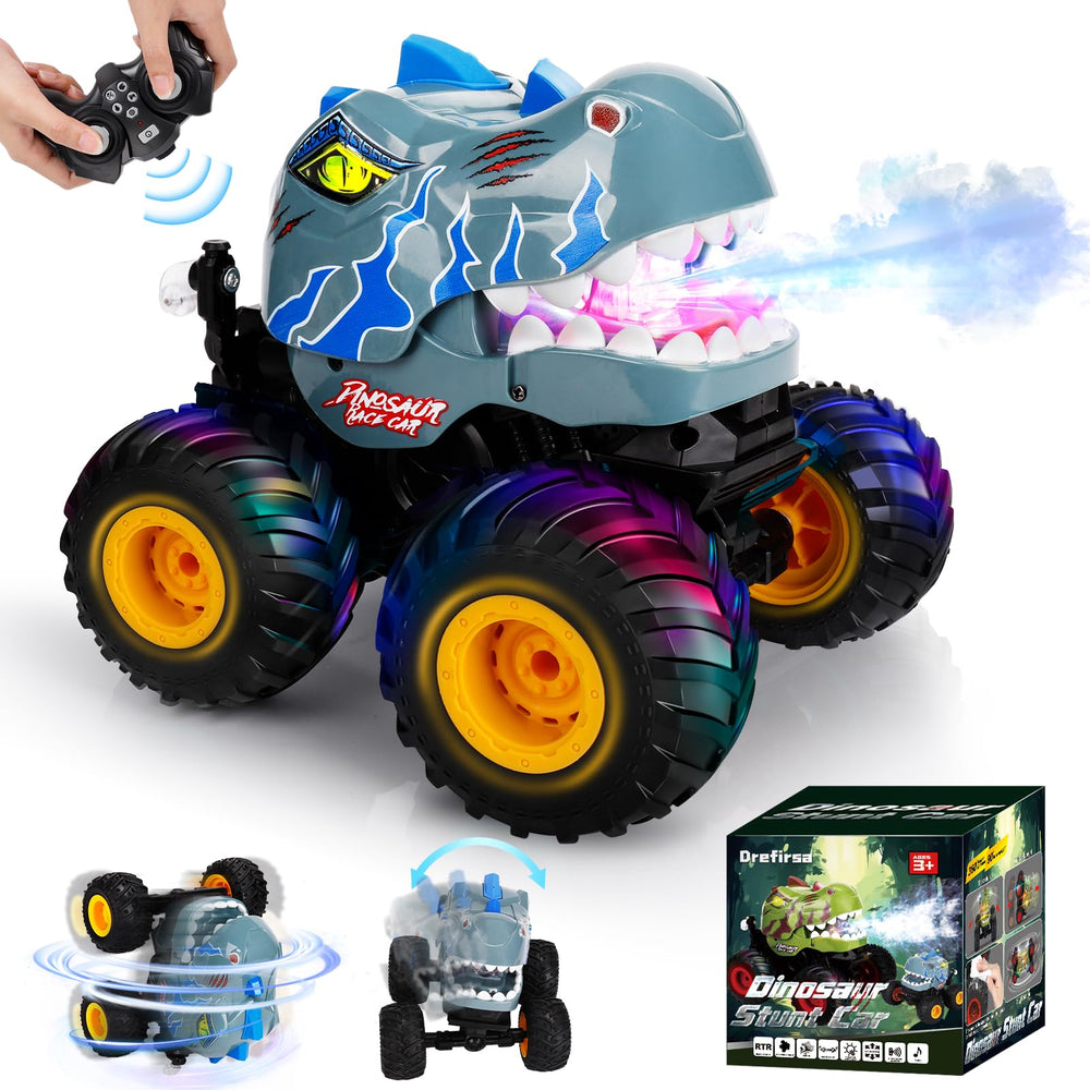 Drefirsa dinosaur RC stunt car performing 360 degree rotation for thrilling indoor play.