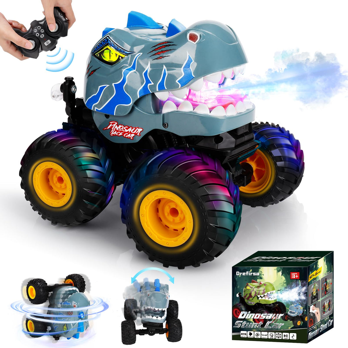 Drefirsa dinosaur RC stunt car performing 360 degree rotation for thrilling indoor play.