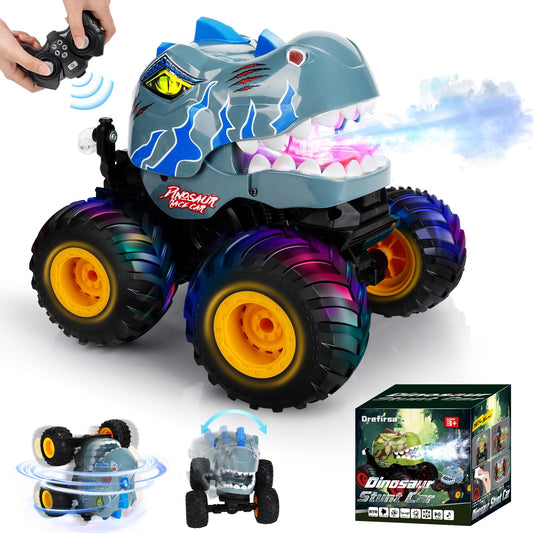Drefirsa dinosaur RC stunt car performing 360 degree rotation for thrilling indoor play.