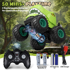Drefirsa dinosaur RC stunt car with 90-degree upright drive for versatile stunts.