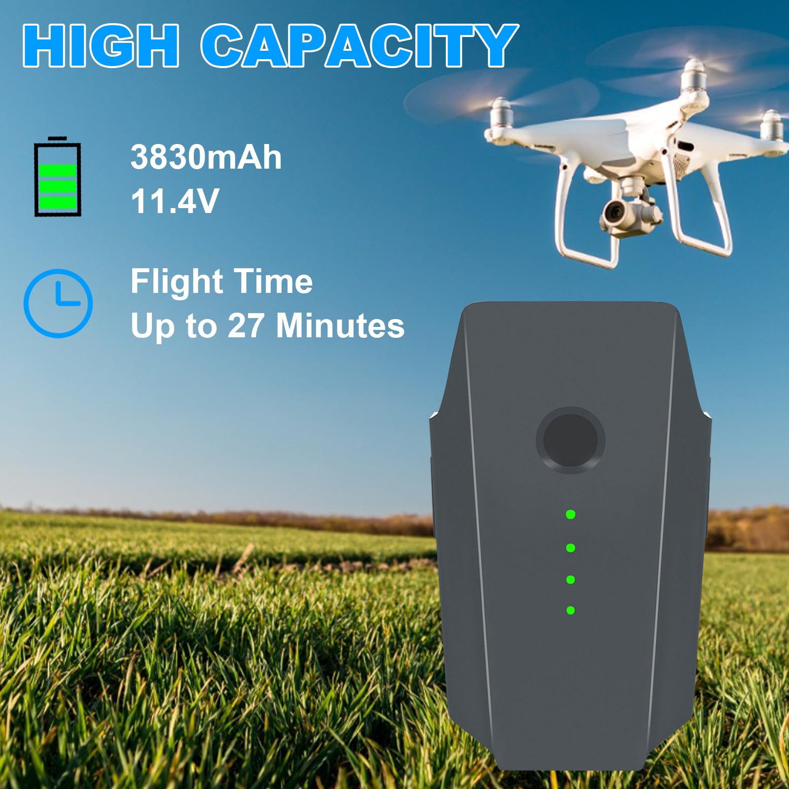 Dregin Mavic Pro Battery 2-pack label demonstrates safety features and warranty.