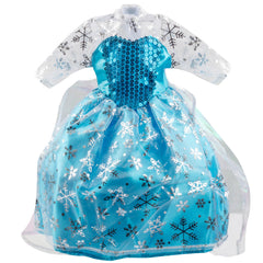 Dress Along Dolly blue snowflake design dress, close-up, premium fabric for durable, joyful play.