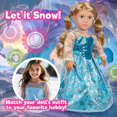 Dress Along Dolly blue snowflake fabric close-up, vibrant coloring for magical play moments.