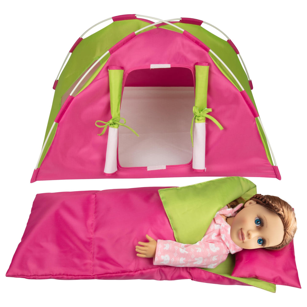 Dress Along Dolly doll camping bed tent creates a cozy sleep setup for 18-inch dolls.