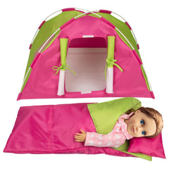 Dress Along Dolly doll camping bed tent creates a cozy sleep setup for 18-inch dolls.