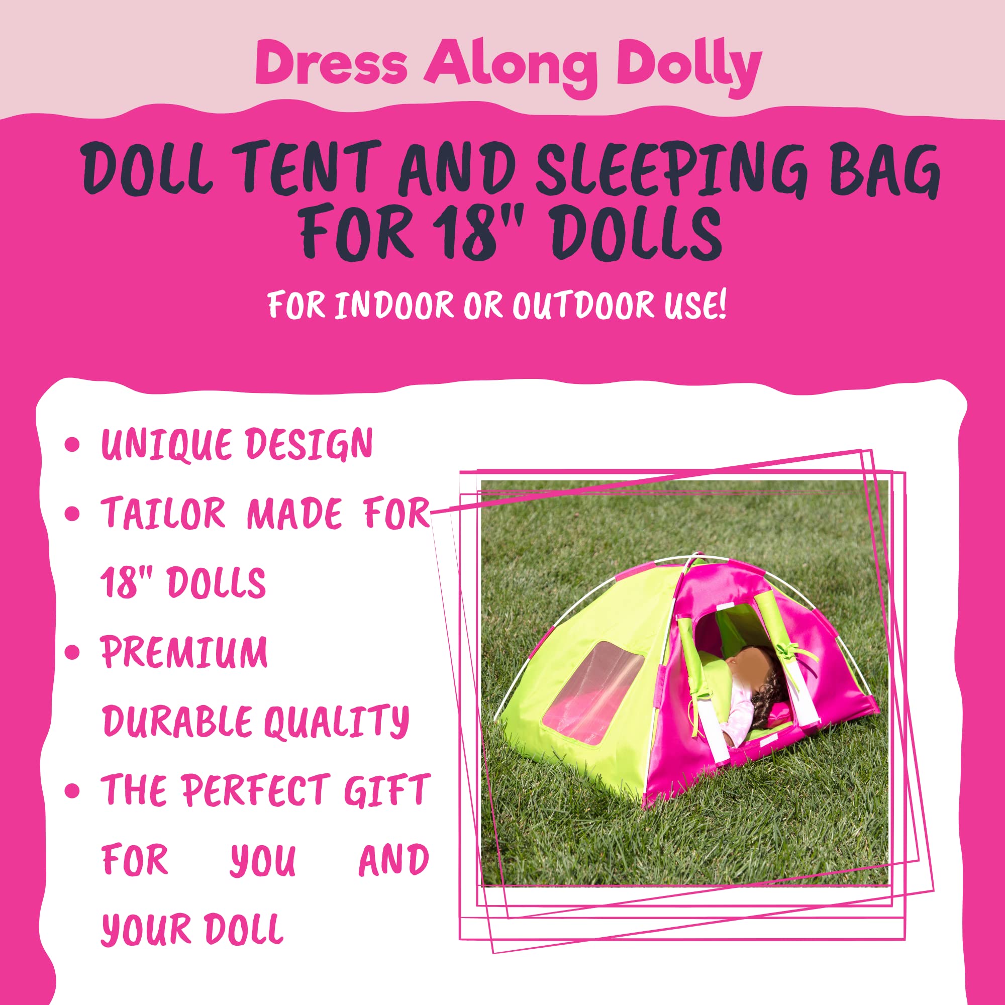 Dress Along Dolly tent features windows and a door for realistic play.