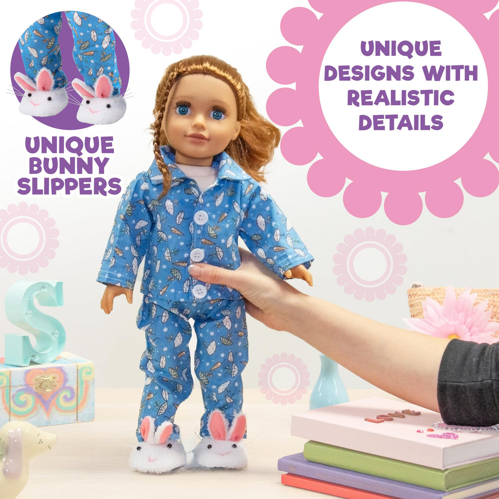 Doll wearing Dress Along Dolly outfit, ready for nighttime routines.