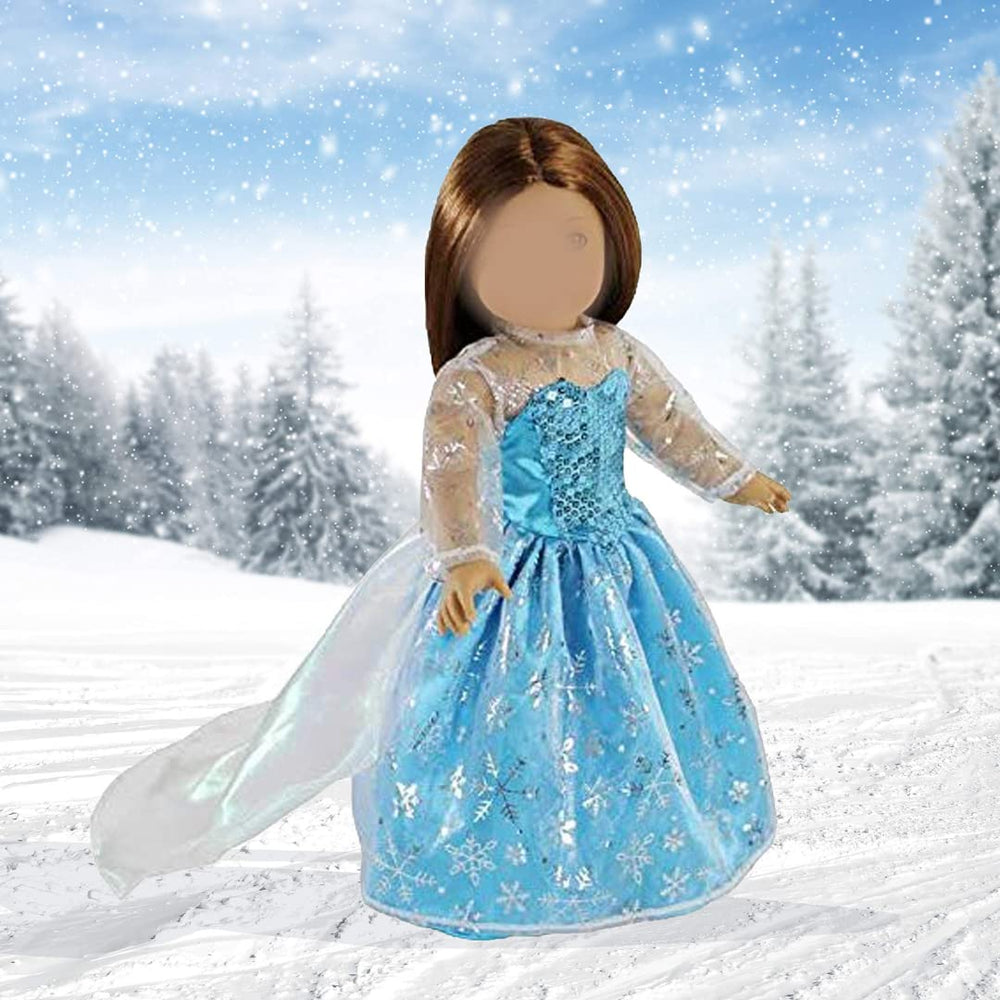 Dress Along Dolly Elsa-inspired dress, back view, showcases blue snowflake detailing for dress-up fun.