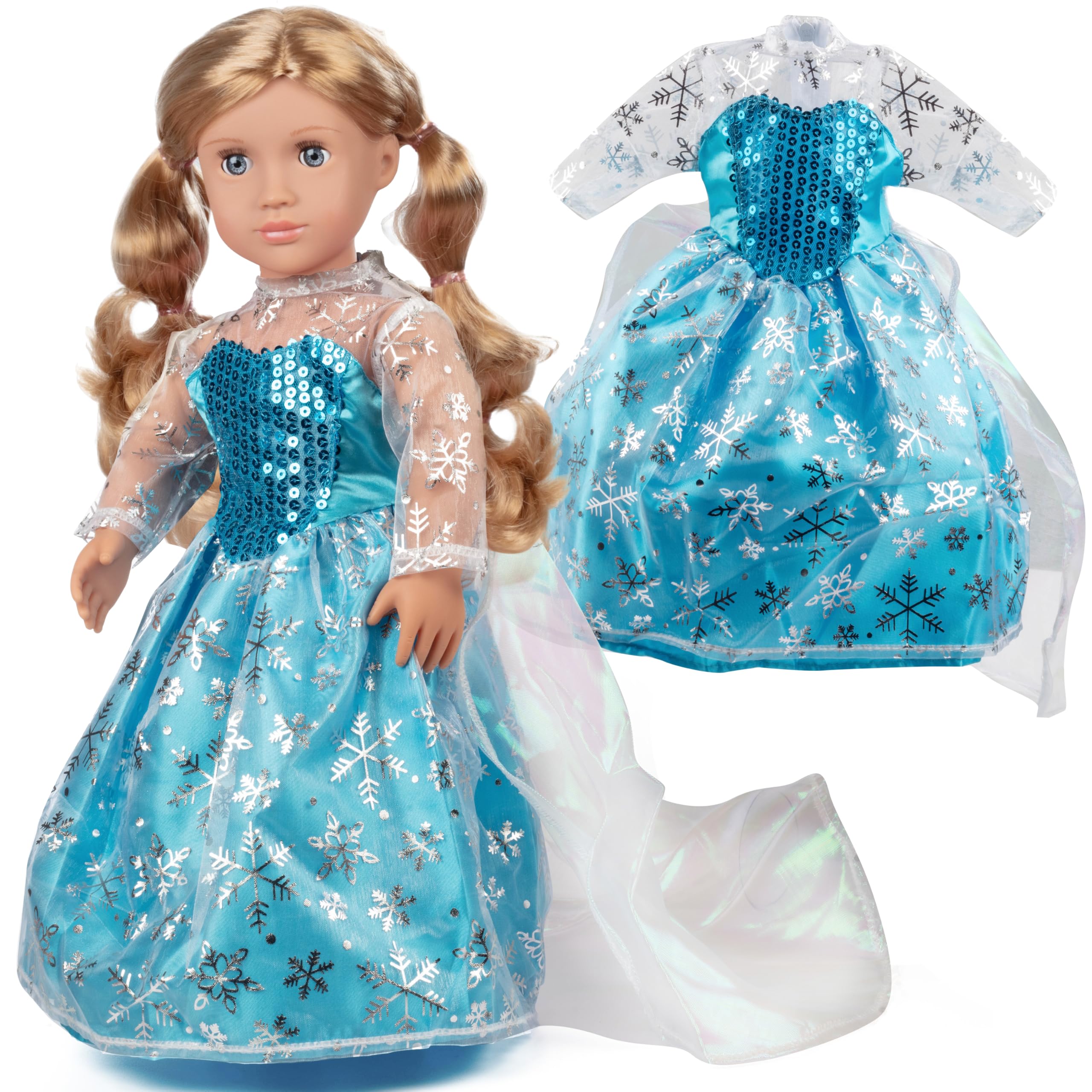 Dress Along Dolly Elsa-inspired dress, front view, ideal for imaginative play with 18-inch dolls.
